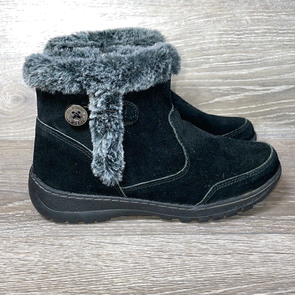 Khombu Iris Black Leather Warm Faux Fur Women’s Size 7M Slip On Zip Ankle Boot